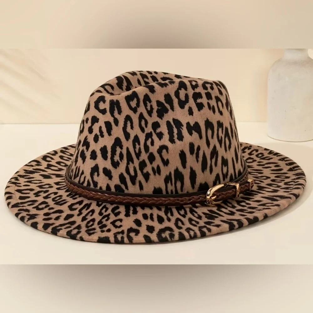 Leopard Print Wide-Brim Fedora Hat - Brown - Picture 2 of 6
